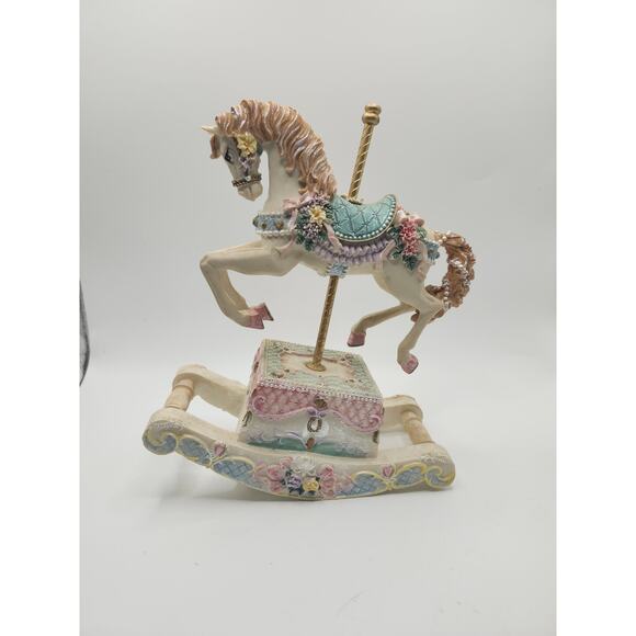 Sankyo Musical Carousel Horse Figurine Vintage Rocking Motion Pastel Floral - Picture 1 of 9